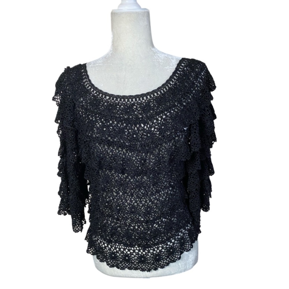 Aria A Black Tiered Crochet Lace Semi Sheer Top Size S/M